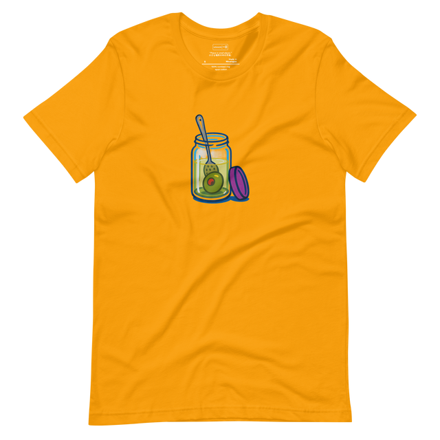 Minimalist T-Shirt design featuring a single olive floating in a clear jar, symbolizing solitude and calm simplicity.
