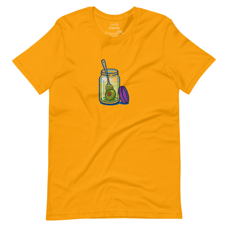 Minimalist T-Shirt design featuring a single olive floating in a clear jar, symbolizing solitude and calm simplicity.
