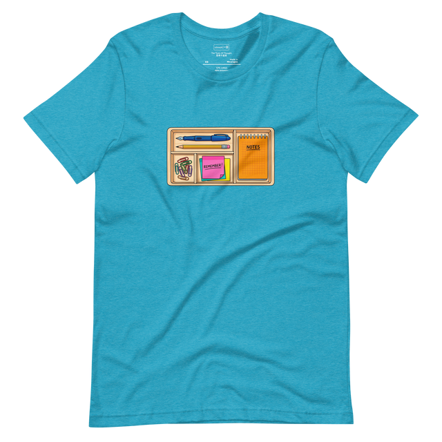 A minimalist vector illustration of a bento box filled with a fountain pen, pencil, notepad, and paperclips on a Short Sleeve T-Shirt.