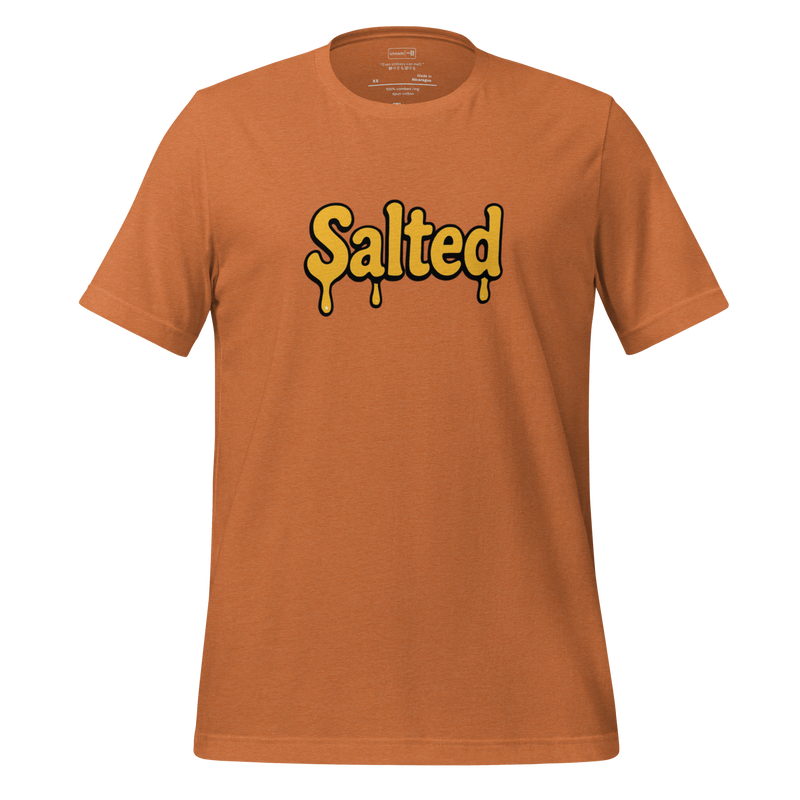 Cartoon-style yellow word “Salted” with black outline melting toward the bottom, inspired by butter and warmth.