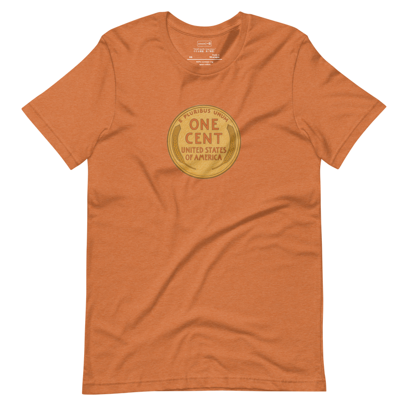 Minimalist T-Shirt design featuring the classic wheat-back penny rendered in simple line art as an ode to the last U.S. penny.
