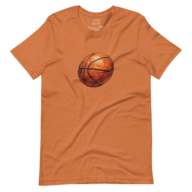 Minimalist illustration of a compressed, flattened basketball hitting the ground, white t-shirt design.