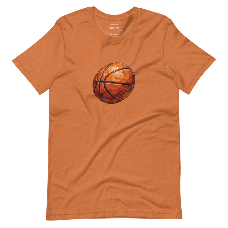 Minimalist illustration of a compressed, flattened basketball hitting the ground, white t-shirt design.