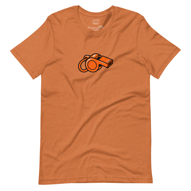 A large orange whistle illustrated in a minimalist style on a white Short Sleeve T-Shirt.