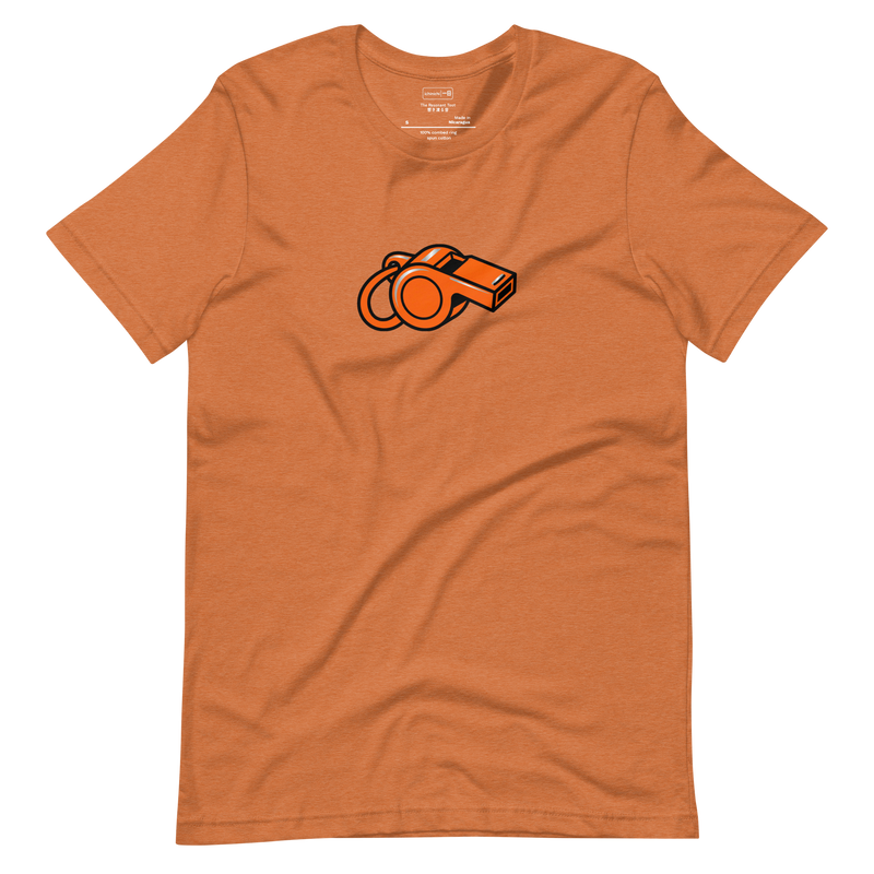A large orange whistle illustrated in a minimalist style on a white Short Sleeve T-Shirt.
