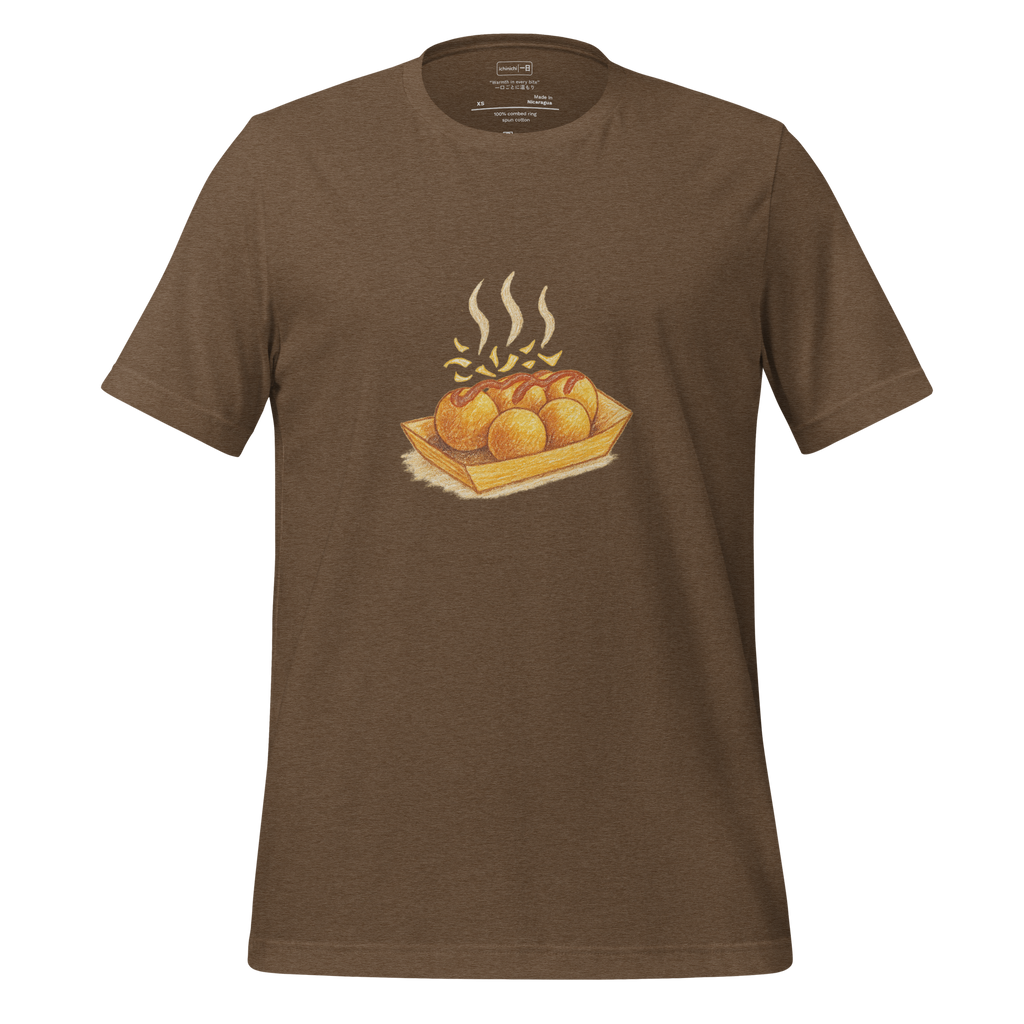 Minimal graphic of takoyaki balls on a tray with sauce lines and bonito flakes.
