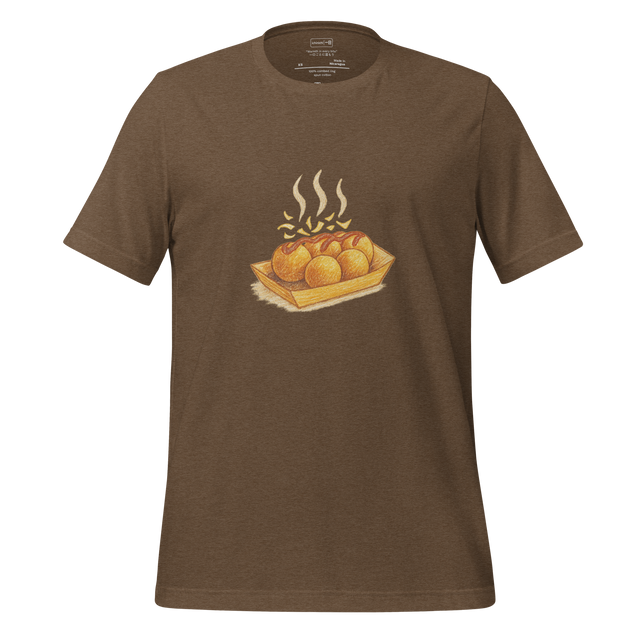 Minimal graphic of takoyaki balls on a tray with sauce lines and bonito flakes.
