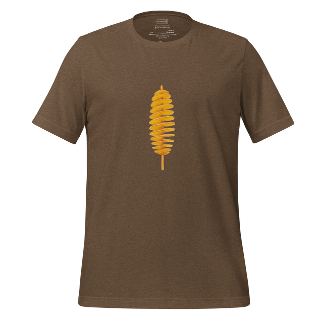Minimalist illustration of a spiraled tornado potato snack on a stick, inspired by Harajuku street food, playful modern T-Shirt design.