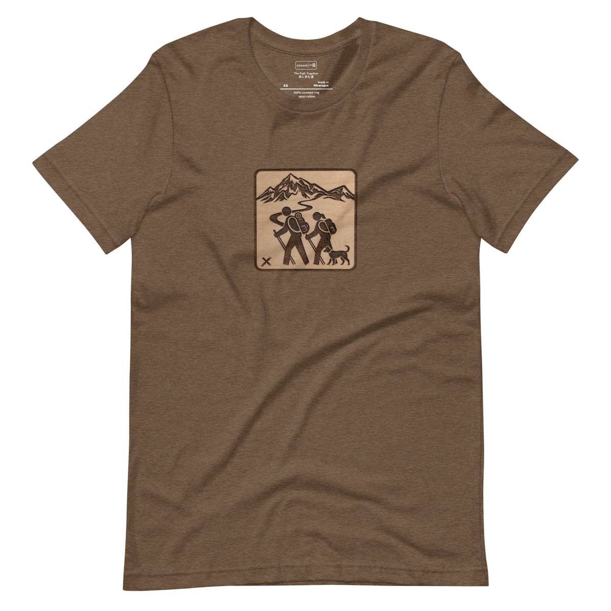 Minimalist line art illustration of two hikers with backpacks and their dog trekking through a mountain range on a Short Sleeve T-Shirt.