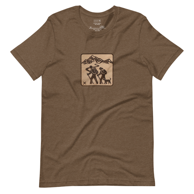 Minimalist line art illustration of two hikers with backpacks and their dog trekking through a mountain range on a Short Sleeve T-Shirt.