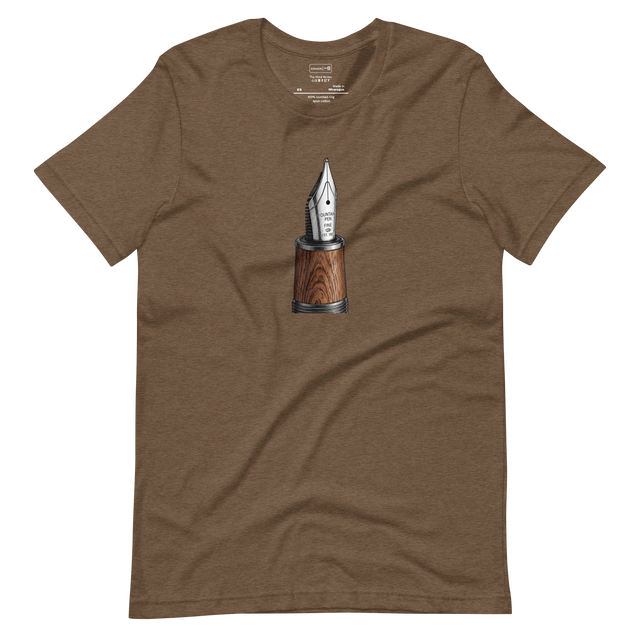 Detailed stippling illustration of a fountain pen nib and wooden barrel on a Short Sleeve T-Shirt.