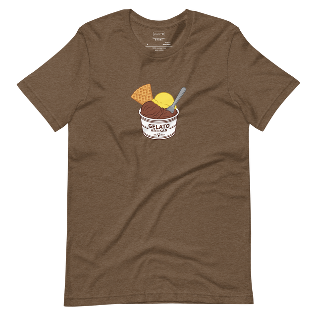 A cup of chocolate and lemon gelato with a waffle cookie and spoon rendered in clean paint brush lines on a Short Sleeve T-Shirt.