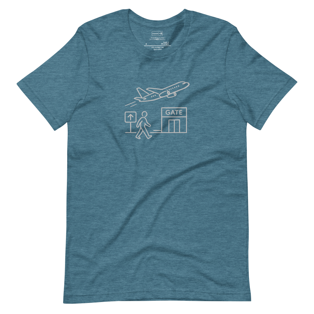 Minimalist airport-inspired T-Shirt design capturing calm travel timing and effortless departure moments.
