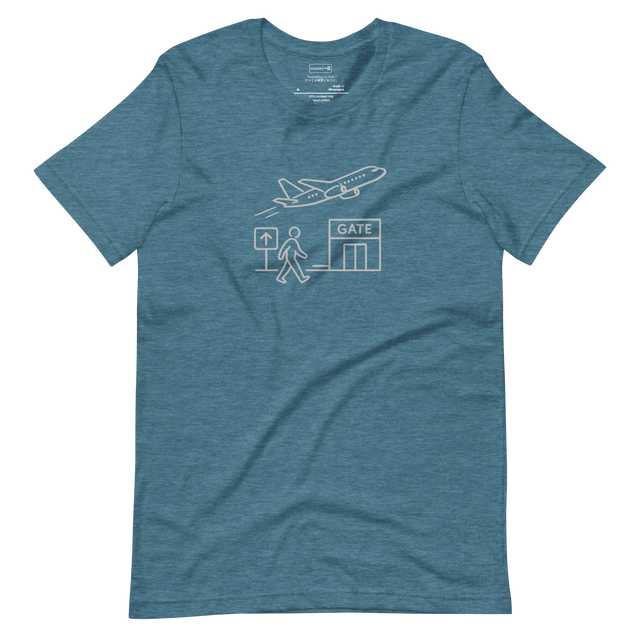 Minimalist airport-inspired T-Shirt design capturing calm travel timing and effortless departure moments.
