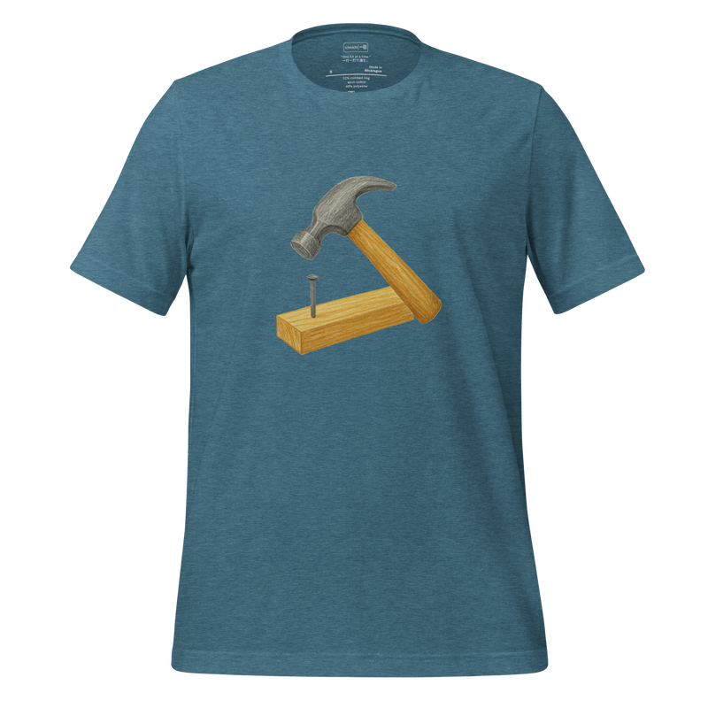 Minimalist T-Shirt design featuring a hammer striking a nail into a 2x4 wooden board.
