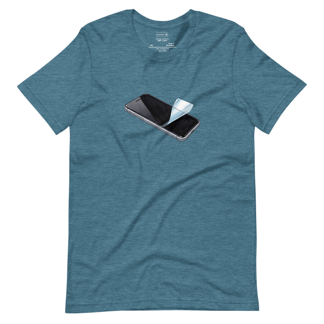 Short Sleeve T-Shirt with a marker illustration of a black smartphone showing its clear protective film peeled halfway off the screen.