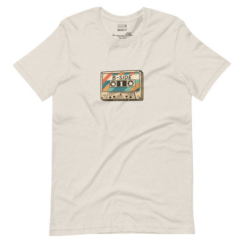 Hand-drawn vintage cassette tape labeled B-Side on a light t-shirt
