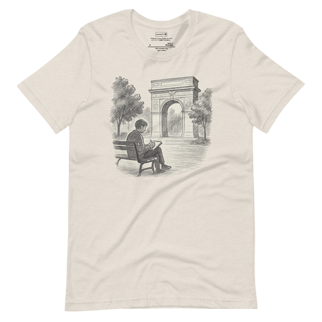 Minimalist line drawing of Washington Square Park with a lone figure on a bench
