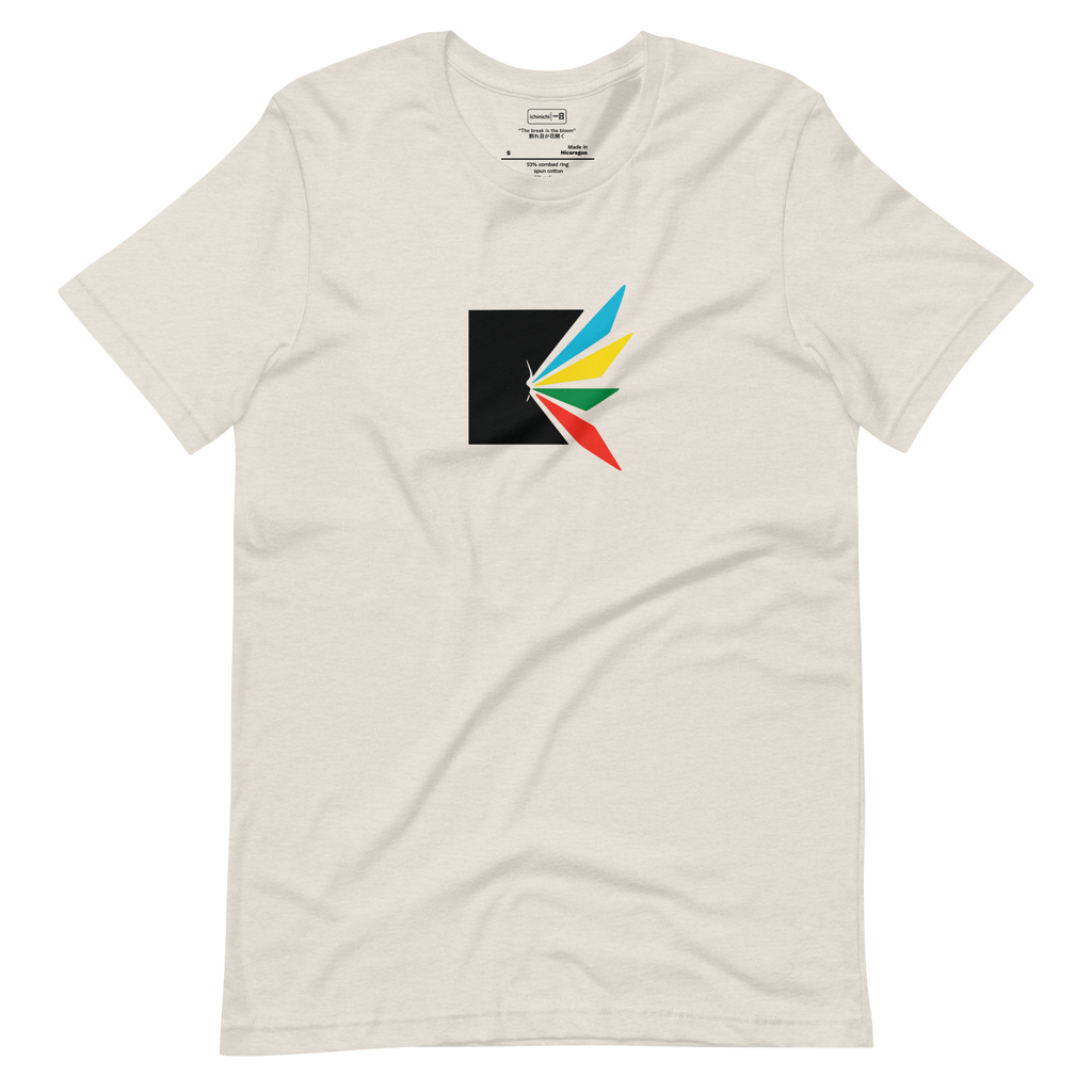 Black square fractured diagonally with rainbow-colored shards bursting outward in bold geometric shapes

