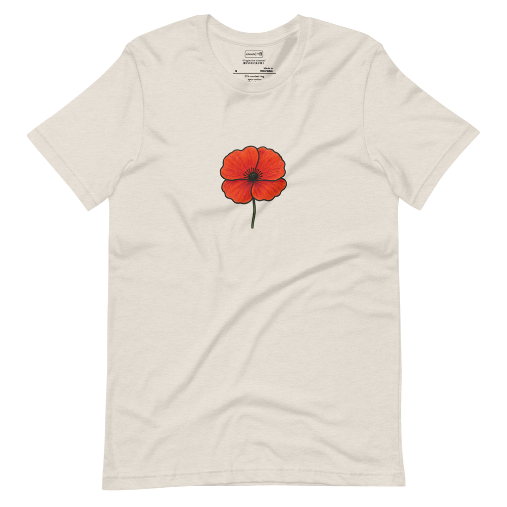 Minimal line-art illustration of a large poppy flower with wide petals.
