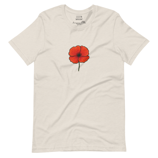 Minimal line-art illustration of a large poppy flower with wide petals.
