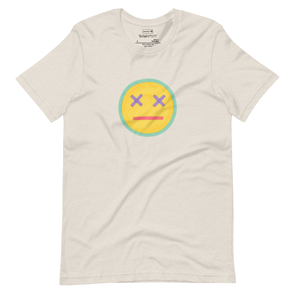Colorful marker-style face with crossed eyes and a flat mouth, expressing calm unamusement in bright tones.