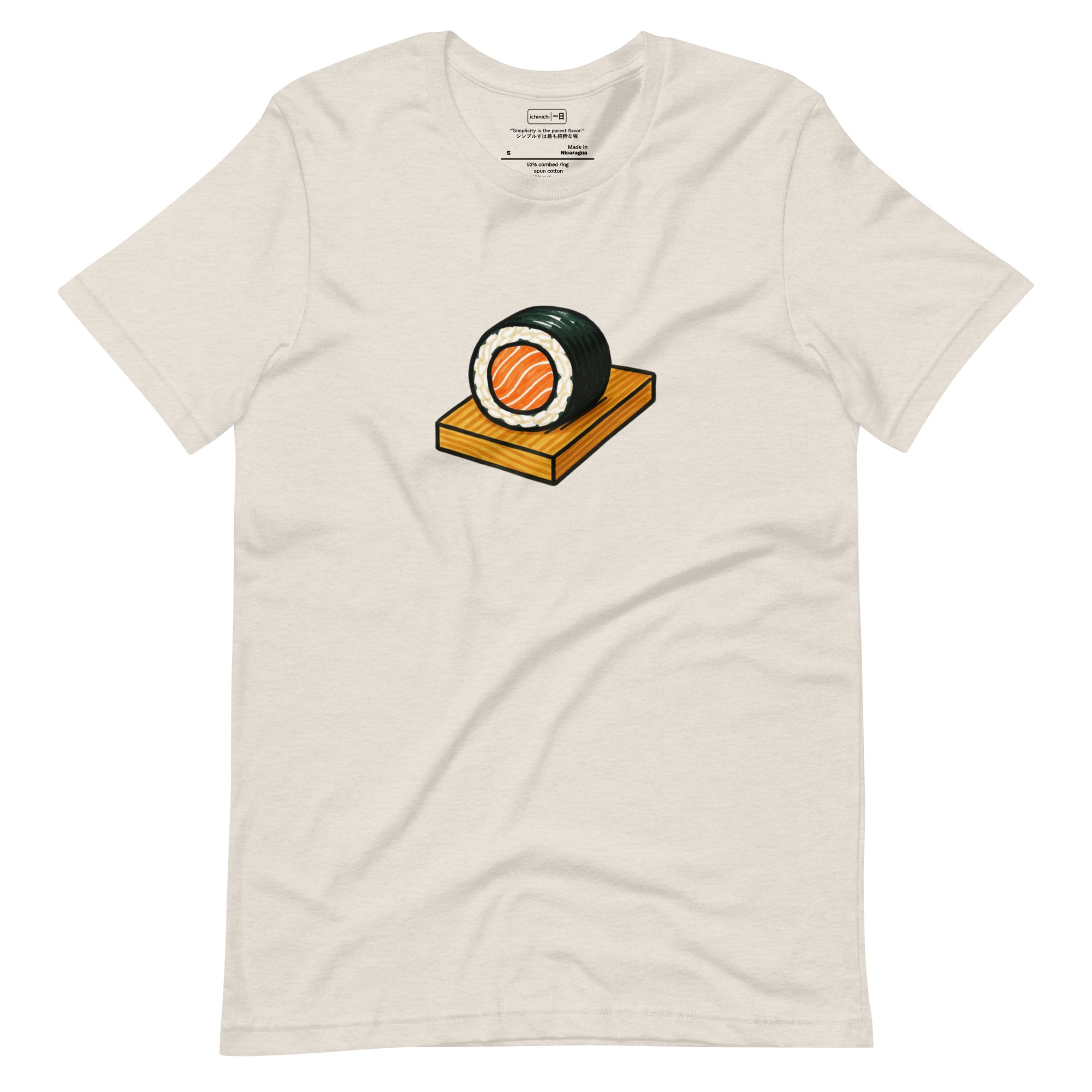 Minimalist illustration of a single salmon sushi roll with white rice and seaweed, modern Japanese T-Shirt design.