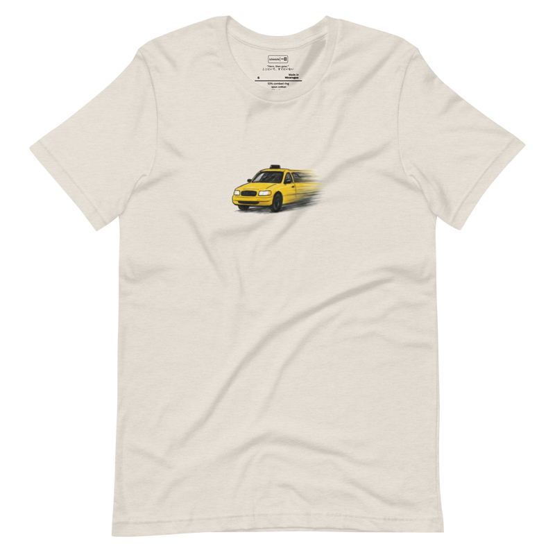 Minimalist marker-style drawing of a yellow New York taxi partly in focus, fading softly into motion blur, poetic T-Shirt design.