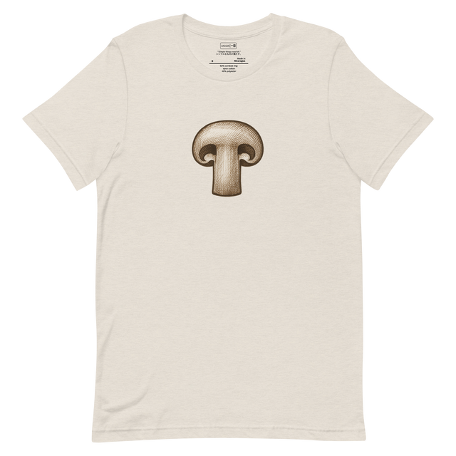 Minimalist T-Shirt design featuring a single sliced mushroom drawn with clean, simple lines.
