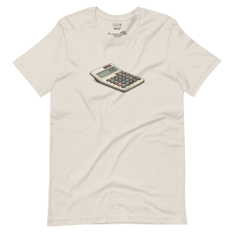 Minimalist illustration of a vintage calculator with raised buttons, T-Shirt graphic.
