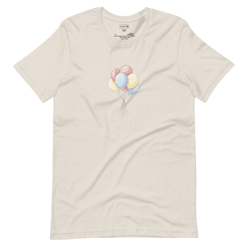 Minimalist black line illustration of a cluster of balloons floating upward, T-Shirt design.