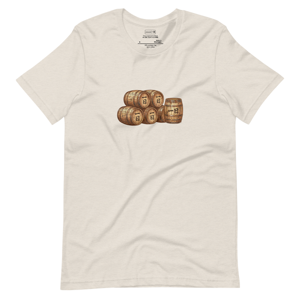 Minimalist illustration of stacked bourbon barrels on a Short Sleeve T-Shirt.