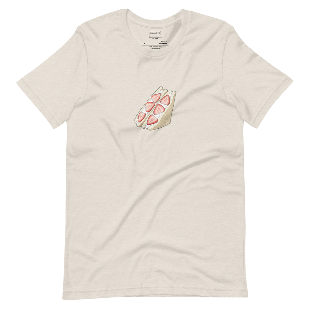 Minimalist line art illustration of a Japanese Ichigo Sando strawberry sandwich on a short sleeve t-shirt.