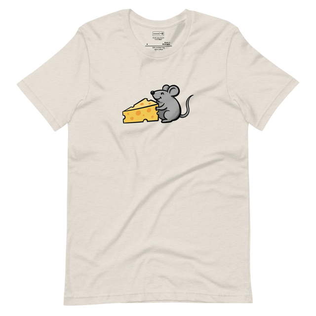Minimalist line art illustration of a small mouse with a wedge of cheese, centered on a Short Sleeve T-Shirt.