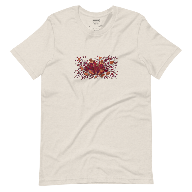 Graphic marker illustration of a pomegranate exploding into seeds, centered on a Short Sleeve T-Shirt.