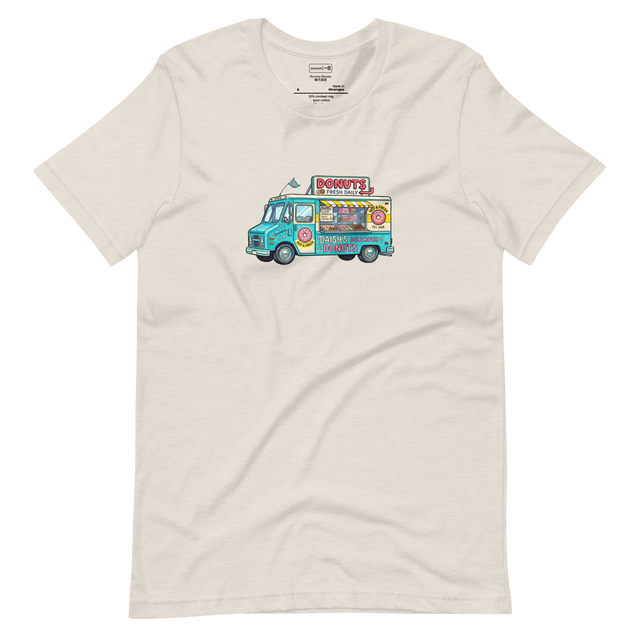 A vibrant marker illustration of a vintage mobile donut truck on a white Short Sleeve T-Shirt.