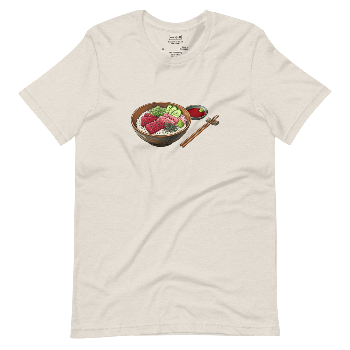 Stippling illustration of a tuna sashimi rice bowl with chopsticks on a short sleeve t-shirt.