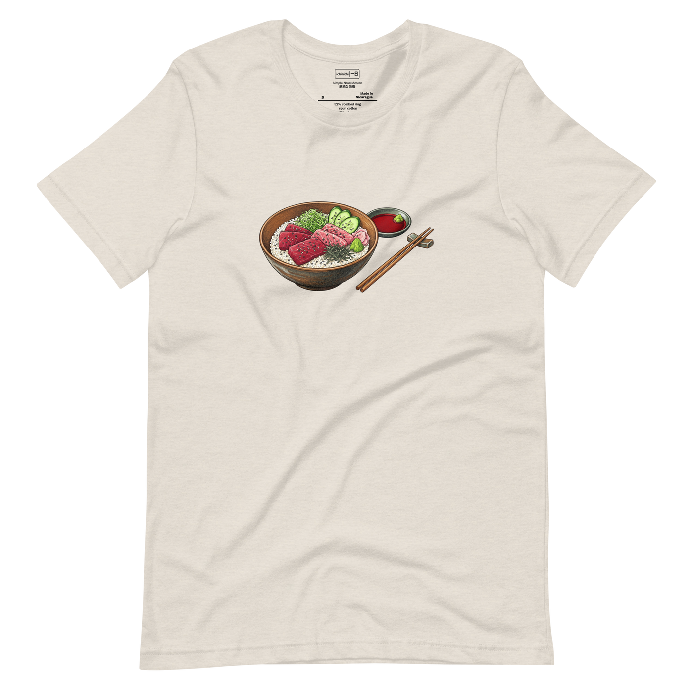 Stippling illustration of a tuna sashimi rice bowl with chopsticks on a short sleeve t-shirt.