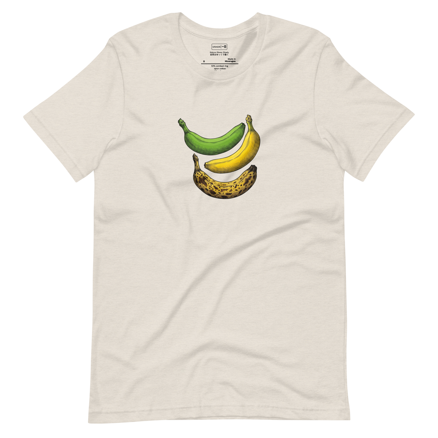 A vertical illustration of three bananas at different stages of ripeness in cross-hatch pen style on a Short Sleeve T-Shirt.