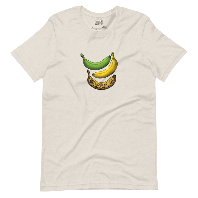A vertical illustration of three bananas at different stages of ripeness in cross-hatch pen style on a Short Sleeve T-Shirt.