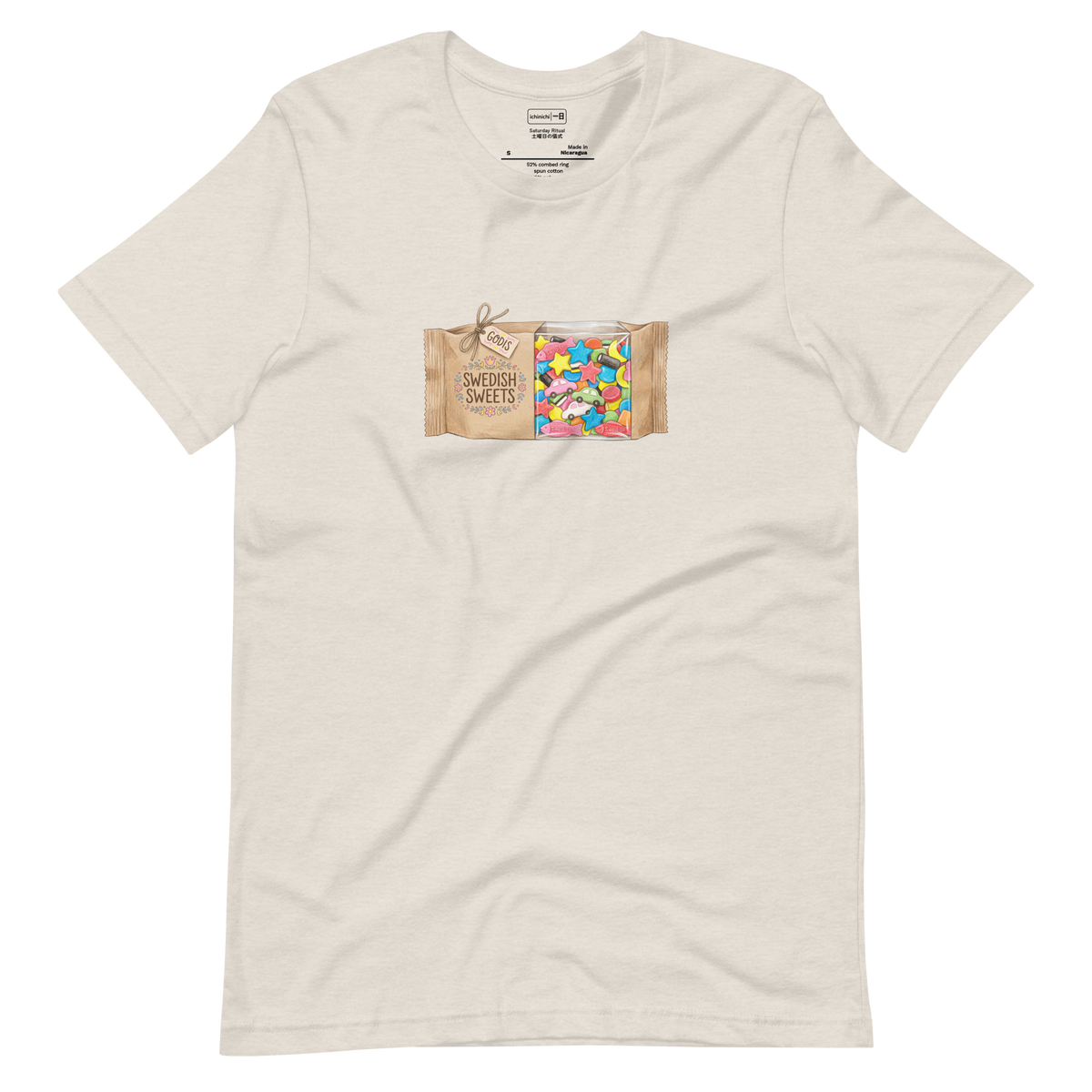 Hand-drawn color pencil illustration of a Swedish candy bag tagged Godis showing colorful candy on a Short Sleeve T-Shirt.