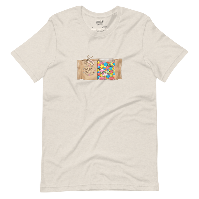 Hand-drawn color pencil illustration of a Swedish candy bag tagged Godis showing colorful candy on a Short Sleeve T-Shirt.