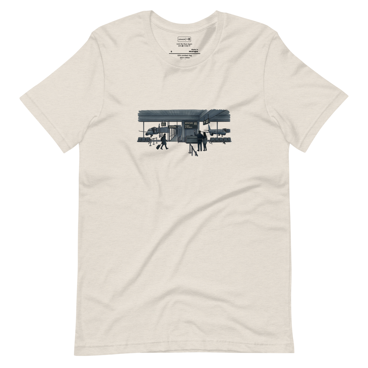 Two distant silhouettes at a departure gate drawn in cross-hatch ink on a unisex Short Sleeve T-Shirt.