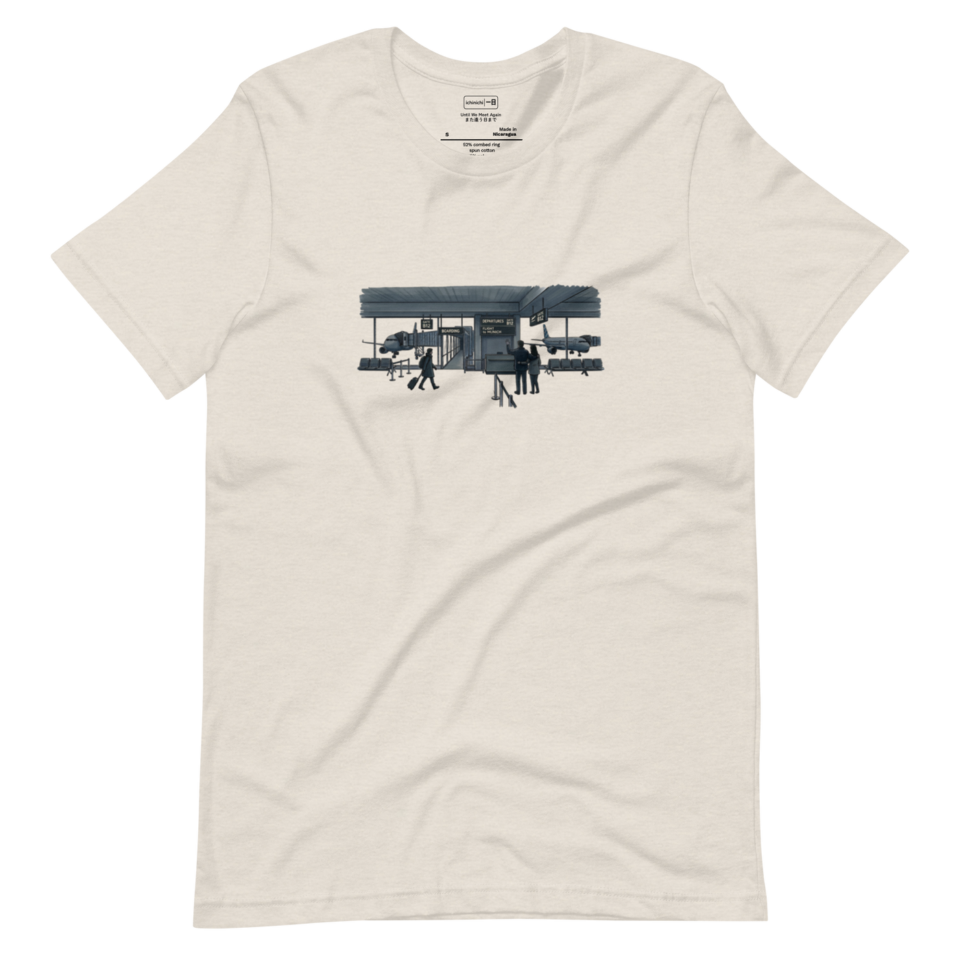 Two distant silhouettes at a departure gate drawn in cross-hatch ink on a unisex Short Sleeve T-Shirt.