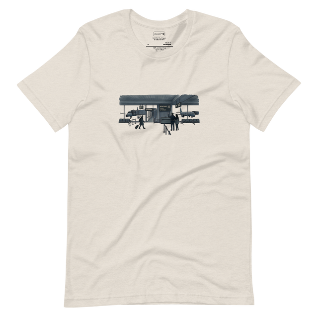 Two distant silhouettes at a departure gate drawn in cross-hatch ink on a unisex Short Sleeve T-Shirt.
