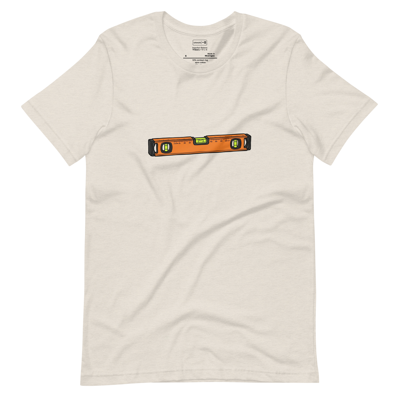 Hand-drawn marker illustration of an orange and black contractor's level with slightly off-center bubbles on a Short Sleeve T-Shirt.