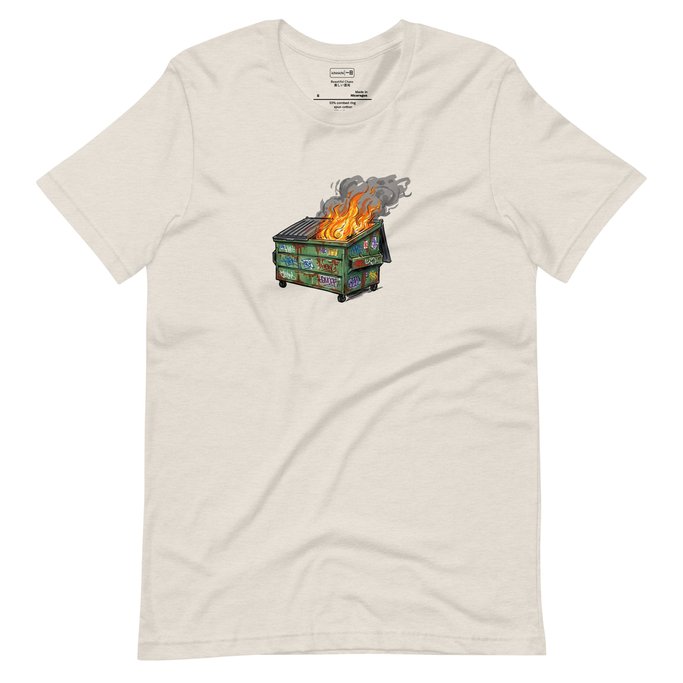 A minimalist Short Sleeve T-Shirt featuring a raw marker illustration of a green commercial dumpster with rust and graffiti engulfed in fire.