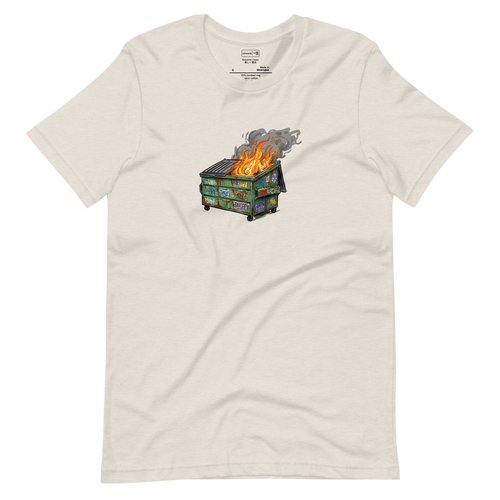 A minimalist Short Sleeve T-Shirt featuring a raw marker illustration of a green commercial dumpster with rust and graffiti engulfed in fire.