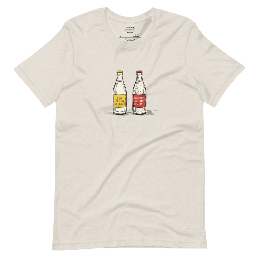 Clean paint brush illustration of still and sparkling water bottles on a café table, short sleeve t-shirt.