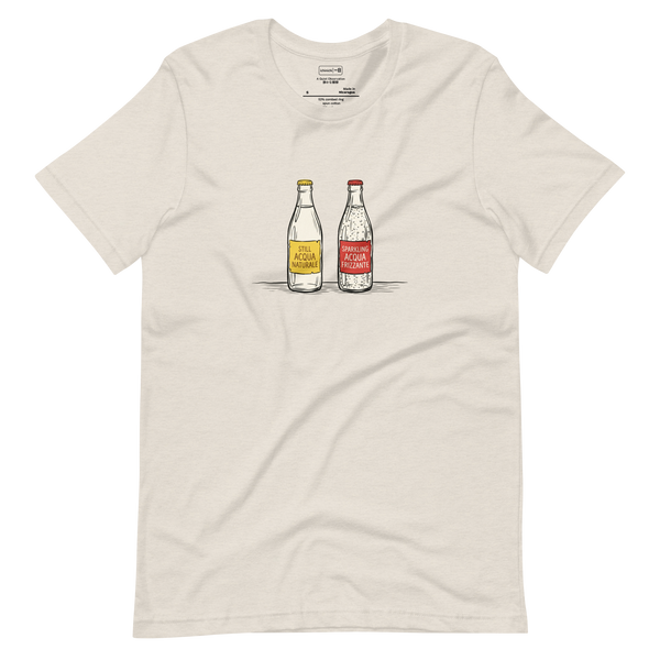 Clean paint brush illustration of still and sparkling water bottles on a café table, short sleeve t-shirt.